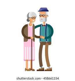 Senior lady and gentleman with silver hair walking together arm-in-arm. Old age couple. Flat style vector illustration isolated on white background.