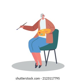 Senior Lady Learn Drawing in Studio Isolated on White Background, Elderly Female Character with Paintbrush and Palette in Hands Enjoying Creative Hobby in Art Class. Cartoon People Vector Illustration