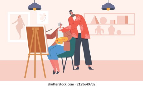 Senior Lady Learn Drawing In Studio With Help Of Teacher, Elderly Female Character Enjoying Creative Hobby In Art Class, Pensioner Artistic Occupation, Painting. Cartoon People Vector Illustration