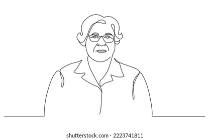 Senior lady lineart portrait. Short haired old woman with glasses line drawing