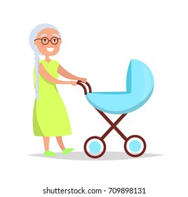 Senior lady with long grey braid carrying trolley pram taking care about newborn child vector illustration isolated on white background