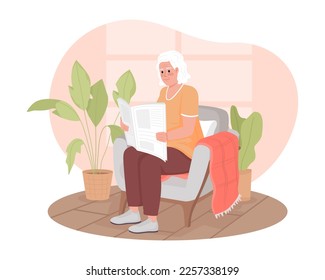 Senior lady looking through newspaper articles 2D vector isolated illustration. Reading news in armchair flat character on cartoon background. Colorful editable scene for mobile, website, presentation