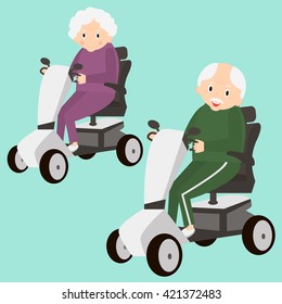 Senior Lady and Man on a Mobility Scooter. Elderly people moving on scooter. Elderly transport. Vector illustration.