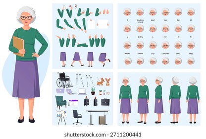 Dama mayor, viejo profesor, anciana empresaria juego de creación de personajes con articulaciones móviles, sincronización de labios, emociones, gestos de mano y accesorios Ilustración vectorial