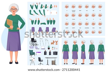 Senior Lady, Old Teacher, Elderly Businesswoman Character Creation Set with Movable Joints, Lip-sync, Emotions, Hand Gestures and Accessories Vector Illustration