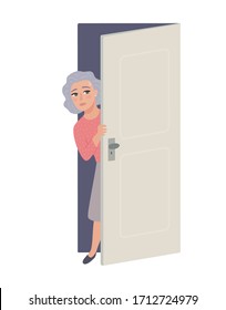 Senior lady peaking out from behind door. Elderly woman worried about her safety and security, afraid to leave home. Sneaking out.