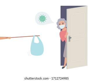 Senior lady peaking out from behind door. No contact delivery. Woman isolated at home. Coronavirus COVID-19 quarantine, social distance