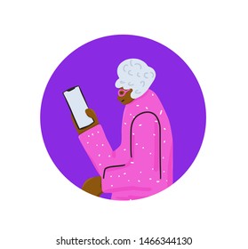 Senior lady with phone avatar. Elderly person icon. Vector flat illustration.