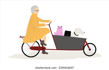 Senior lady riding cargo bicycle bakfiets with her pets cat and dog aboard. Elderly cyclist woman in elegant clothing.