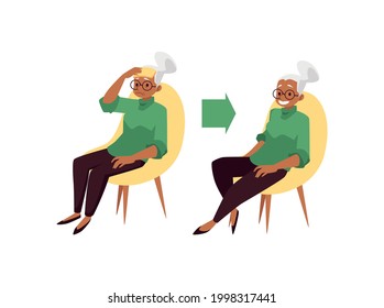 Senior lady sitting in chair with tired and rested expression, flat vector illustration isolated on white background. Set of exhausted and energetic elderly woman.