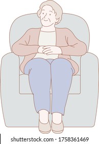 Senior Lady Sitting On A Chair. Isolated Pastel Vector Illustration On White Background. Old Woman Relaxing On A Recliner.