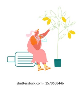 Senior Lady Sitting on Suitcase under Lemon Tree Fan herself Isolated on White Background. Old Woman Traveling to Exotic Foreign Country Enjoying Summer Vacation. Cartoon Flat Vector Illustration