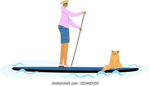 Senior lady standing on sup board and the cat as passenger. Cartoon simple character paddle boarding story.