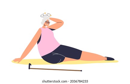 Senior lady stumble and fall down walking because of dizziness. Old female dizzy cartoon character got injured. Injury risk for aged people concept. Flat vector illustration