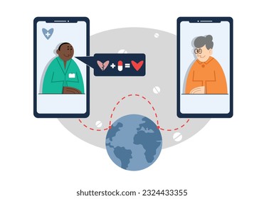 Senior lady talking with doctor on via smartphone, doctor giving advices. Modern healthcare services via Internet. Video call meeting with therapist. Vector flat illustration in blue colors