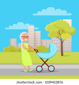 Senior lady with trolley pram walking in city park taking care about newborn child boy on background of skyscrapers in city park vector illustration