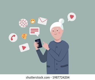 Senior Lady mit Smartphone für soziale Verbindung und Unterhaltung. Videos ansehen, E-Mails und Nachrichten senden, anrufen. Sozialer aktiver Lebensstil für ältere Menschen Konzept. Flache Vektorgrafik