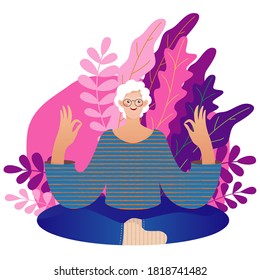 Senior Lady Vektorgrafik in flachem Stil. Ältere Frau verbringt Zeit im Freien.Vektorgrafik von Cartoon glückliche ältere Frau Yoga Übungen zu Hause oder in einem Park. Einzeln auf Hintergrund.