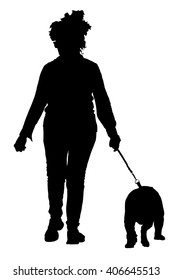 Senior lady walking a dog vector silhouette illustration isolated on white background. Mature woman outdoor recreation. Retail pensioner enjoying in park.