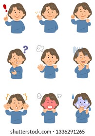 Senior lady wearing blue cut-out set of nine different poses, upper body
