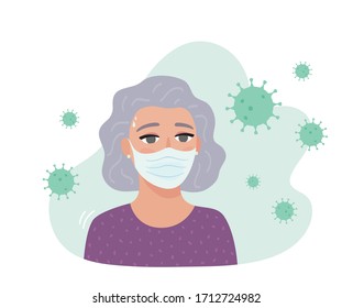 Senior lady wearing medical mask, afraid of corona virus exposure. Stay at home, stay safe.