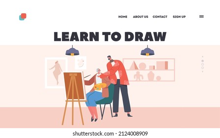 Senior Learn to Draw Landing Page Template. Old Lady Drawing in Studio with Help of Teacher, Elderly Female Character Enjoying Creative Hobby in Art Class, Painting. Cartoon People Vector Illustration