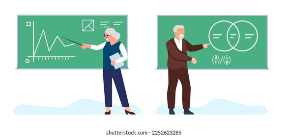 Senior lecturer. Professor teaches students at college or university. Elderly teachers standing at chalk blackboards. Algebra or geometry lesson. Math education. Vector