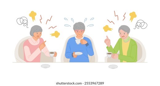 Senior life: Angry senior woman arguing with friend at cafe
