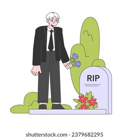 Senior life milestone. Getting old and maturing. Aged people experience. Retired man standing beneath a gravestone. Funeral ceremony. Flat vector illustration.