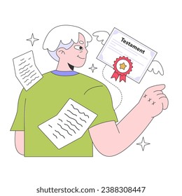 Senior life milestone. Getting old and maturing. Retired man making a will. Old character write a testament. Property transferring paper. Flat vector illustration.