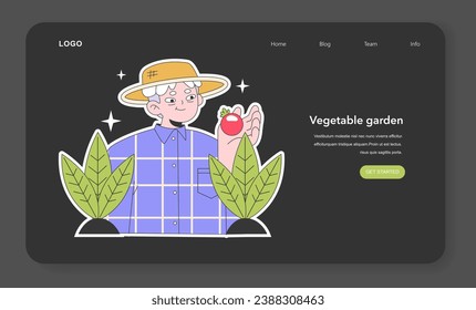 Senior life milestone. Getting old and maturing. Aged people experience. Retired man harvesting vegetables. Gardening hobby. Flat vector illustration.