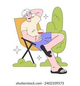 Senior life milestone. Getting old and maturing, retirement and spending time at home. Aged character relaxing and resting outdoors. Man sitting on a deck-chair . Flat vector illustration.