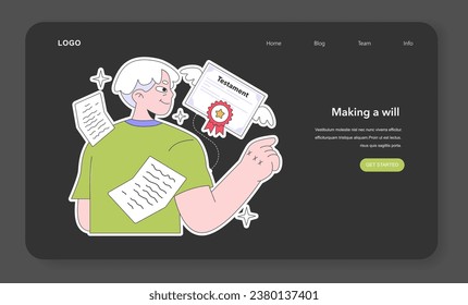 Senior life milestone web banner or landing page. Getting old and maturing. Retired man making a will. Old character write a testament. Property transferring paper. Flat vector illustration.