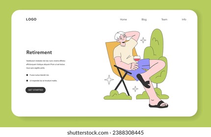 Senior life milestone web banner or landing page. Retirement and spending time at home. Aged character relaxing and resting outdoors. Man sitting on a deck-chair . Flat vector illustration.