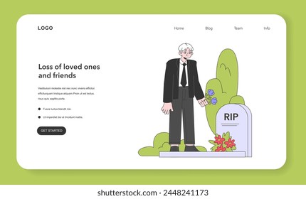 Senior life milestone web banner or landing page. Getting old and maturing. Aged people experience. Retired man standing beneath a gravestone. Funeral ceremony. Flat vector illustration.