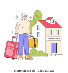 Senior life milestones. Elderly character with belongings relocating to a nursing home. Nursing facility, residential home, care service for senior people. Flat vector illustration