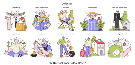 Senior life milestones set. Getting old and maturing, retirement and spending time with family. Aged people experience. Flat vector illustration.