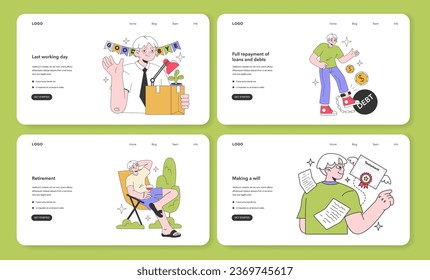 Senior life milestones web banner or landing page set. Getting old and maturing, retirement and spending time with family. Aged people experience. Flat vector illustration.