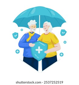 Senior life old age insurance protection, Elderly couple holding shield under umbrella symbol of insurance protection, Vector illustration