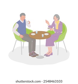 Senior life: Smiling senior couple enjoying conversation at a cafe