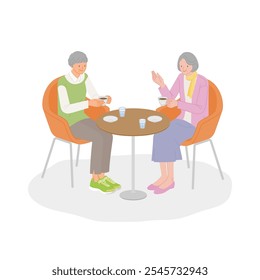 Senior life: Smiling senior woman enjoying conversation with friends at a cafe