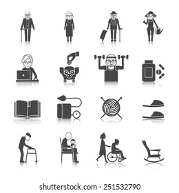 Senior lifestyle black icons set with old people with walkers glasses wheelchair isolated vector illustration