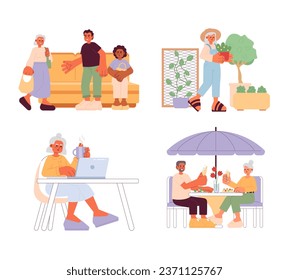 Senior lifestyle cartoon flat illustration set. Retiree adults 2D characters isolated on white background. Public transport etiquette. Elderly activities, hobbies scene vector color image collection