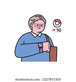 Senior lifestyle character. An elderly man is checking his health by looking at his smart watch.