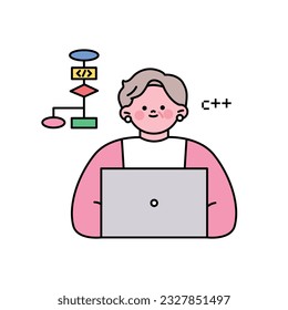 Senior lifestyle character. An elderly woman is working on coding.