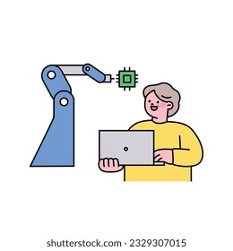 Senior lifestyle character. Robot arm and control manager in semiconductor factory.