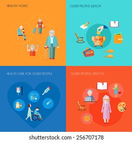 Senior Lifestyle Design Concept Set With Healthy Aging Older People Wealth Old People Health Care Flat Icons Isolated Vector Illustration