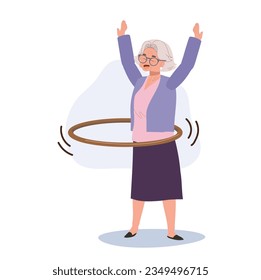 Concepto de disfrute de estilo de vida superior. Feliz anciana con Hula Hoop. Abuela disfrutando del juego divertido Hula Hoop