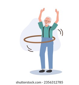 Senior Lifestyle Enjoyment concept. Happy Elderly man with Hula Hoop. Grandpa Enjoying Fun Hula Hoop Game