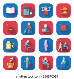 Senior lifestyle flat icons set with walker pills wheelchair isolated vector illustration